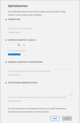 Opintoluonnoksen täytettävät tiedot
