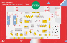 Fair map with red background and Aalto Talent Expo logo