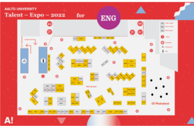 Fair map with red background and Aalto Talent Expo logo