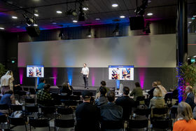Garry Normoyle pitching on stage at the Creative Demo Day event