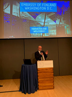 Ambassador of the Republic of Finland to the United States of America H.E. Mikko Hautala welcoming guests to the Alto University alumni & friends get-together in Washington