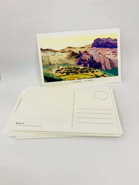 post card with a 3d generated landscape and coordinated