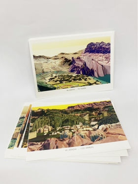 A pile of postcards with 3D generated landscape motifs