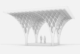 Structure consisting of branching out tree shapes that form a roof at the top