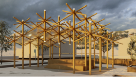 Computer rendered image of wooden structure where the ends of timber pieces have lights incorporated, and a translucent roof