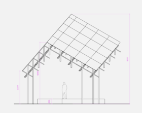 line drawing of wooden structure with stage and person standing inside