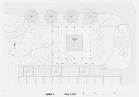 Plan drawing of proposal with 4x4 grid and a stage in the centre squares.