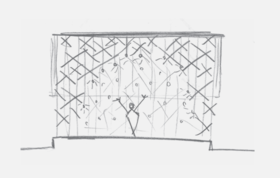 Sketch of stage with figure holding up hands and intricate timber structure