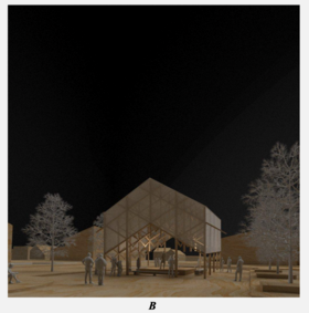 Rendered image of wooden structure covered in translucent membrane like roof