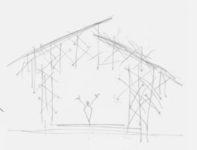 Sketch of timber structure where the ends of each wooden piece light up