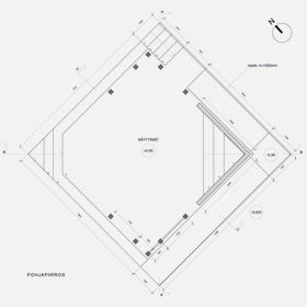Final plan of kide, a square at 45 degree rotation, with steps on the two front sides, and a ramp around the back. Support columns on either side for the canopy.