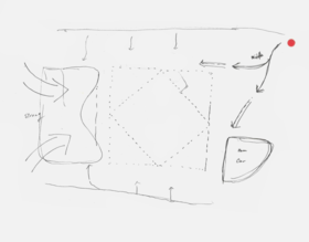 Plan sketch of the stage showing people flow from the front and back and audience standing area before the stage, to the north west