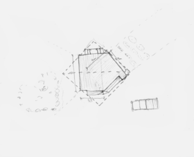 Plan sketch of the stage showing two performance areas, one front and one smaller back