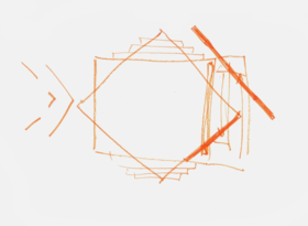 Sketch of stage with stepped stairs on both sides but not at front, and a backdrop wall with opening for accessible ramp