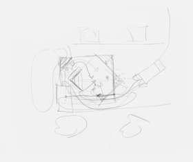 Plan sketch of stage showing flow of people and equipment being loaded from a van