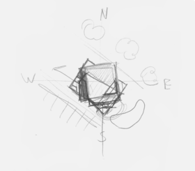 Sketch showing diamond shaped stage with wind directions indicated, the front of the stage points north-west.