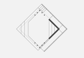Floor plan of Kide showing diamond shaped layout, with steps at the front and a ramp going around the back. On the back of the stage are steps for seating.