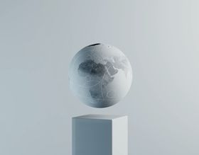 An Earth like sphere floating above a white pedestal