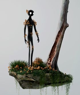 A dark alien like creature standing on a floating moss covered rock full of mushrooms, 3D render