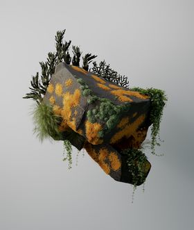A moss covered rock floating in white space, 3D render
