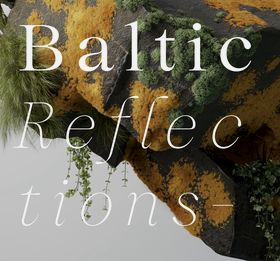 Close up of a moss covered rock, Baltic Reflections written over it