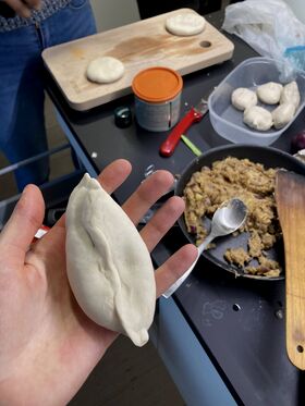 Food ingredients, a frying pan and dumplings