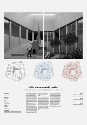 Black and white picture from inside with a child and a man standing, a church in the background.