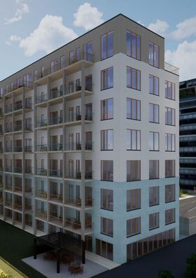 Picture of a building designed by Jessica Eerikas. Modern multi-storey apartment building with balconies. Lower part of the facade is pale blue, upper part is white and beige. 