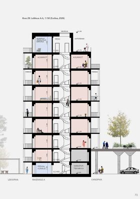 Architectural section of a residential building with balconies and common areas. People are depicted on various floors. The picture is from a diploma work of Jessica Eerikas. 