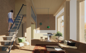 A modern living room with a staircase. A person ascends the stairs. There's a sofa, rug, plant, and dining area. The picture is from a diploma work by Taika Pirilä.