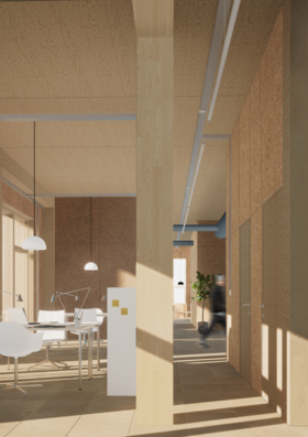 Bright modern office with wooden pillars, white chairs, desks, large windows, pendant lights, and a blurred person walking. The picture is from a diploma work by Taika Pirilä.