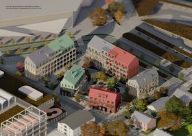 A neighbourhood with colourful, modern buildings surrounded by trees and roads, viewed from a bird's-eye perspective. The picture is from a diploma work by Taika Pirilä.