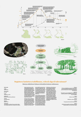 Infographic with charts, maps, tree illustrations, and analysis on landscape architecture in Sotkamo, Finland.