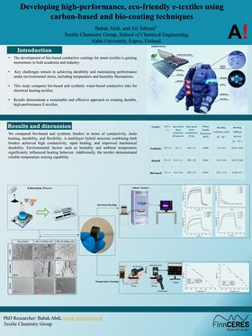 Textile e-coating techniques poster with diagrams of fabric samples, heating and sensing processes, and researcher details.