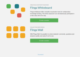Website for Flinga Whiteboard and Flinga Wall with coloured square icons and green 'Create a session' buttons.