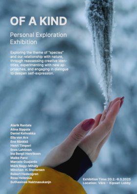 Poster for 'Of a Kind' exhibition. Hand with red nails touching icicle. Exhibition details and names listed.