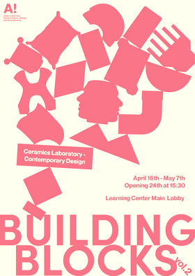 Poster for 'Building Blocks Vol. 2' by Aalto University. Features abstract shapes and event details in pink on a light background.