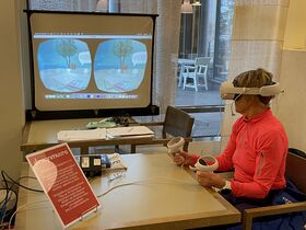 Person in a pink top using a VR headset and controllers, with the VR view projected on a screen in front.