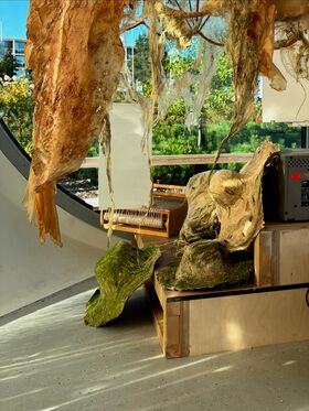 Art installation with hanging fabric pieces in earthy tones, green moss-like material, and a wooden box in a sunlit room.