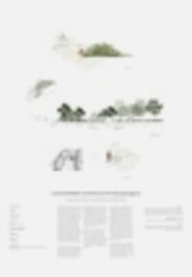 Architectural drawings of a building with trees and text descriptions. Includes elevation and floor plans.