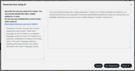 A text generation interface with instructions in English and automatically translated Finnish. Buttons for cancel, regenerate, and insert are visible.