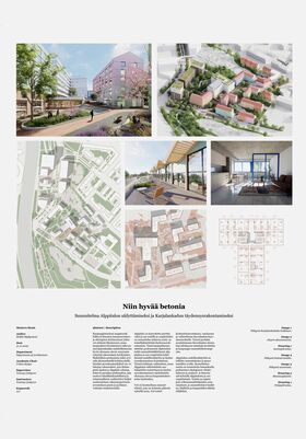 Collage of architectural plans and renderings, including buildings, outdoor spaces, and interior designs.
