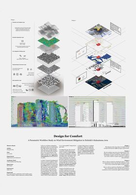 A study on wind environment mitigation in Helsinki's Kalasatama area, showing layered diagrams and simulation results.