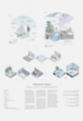 Diagram showing various stages of a process with buildings, trees, and text. Includes flowcharts and descriptions.
