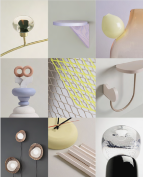 Collage of nine modern art objects including sculptures, shelves, and clocks in various shapes and materials.