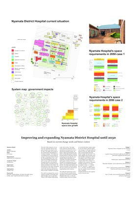 Poster detailing Nyamata District Hospital's current layout, future space requirements, and government impacts.