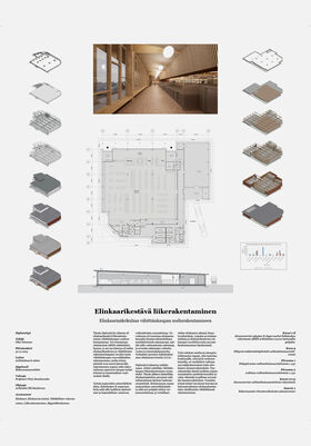 Architectural design poster with building plans, 3D models, and an interior photo. Texts in Finnish describe lifecycle sustainability.
