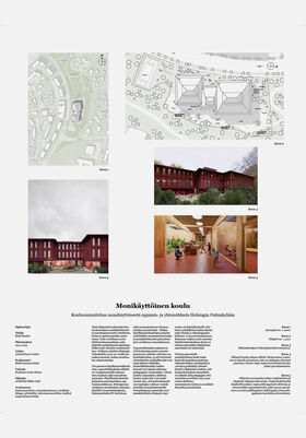 A school design with maps, exterior and interior photos. The building is red with wooden interior.