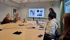 A group of people in a meeting room watching a presentation on a screen. Laptops and papers are on the table.
