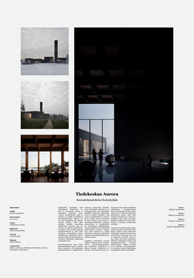 Four images of Tiedekeskus Aurora design proposal, showing exterior and interior views. Text details below.
